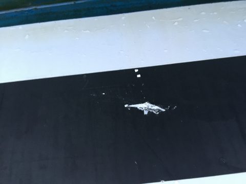 Gelcoatschaden im Bugbereich kurz über Wasserpass.